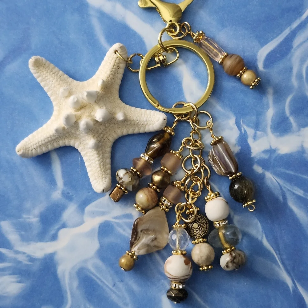 Starfish Purse Charm or Keychain Agate Stone Glass Shell Handcrafted